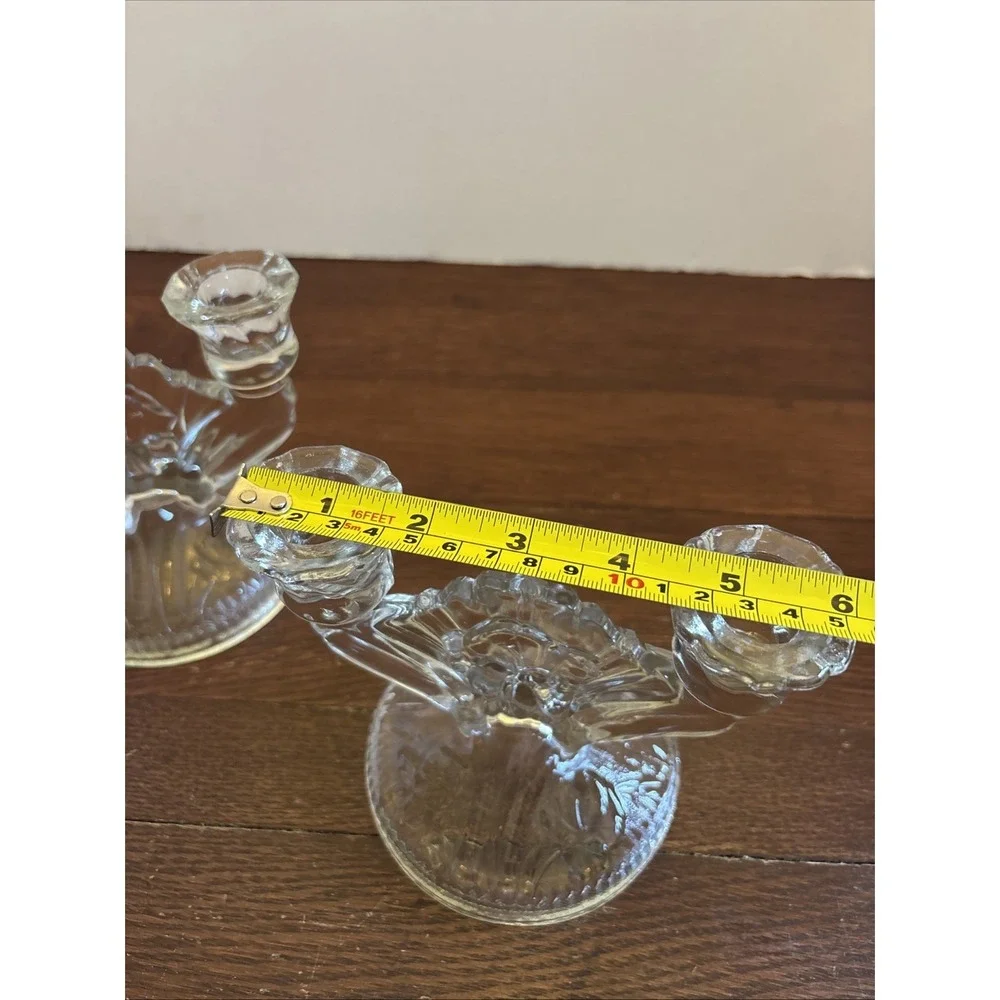 Jeanette Glass Iris and Herringbone‎ Set of 2 Double Candlestick Holders Vintage